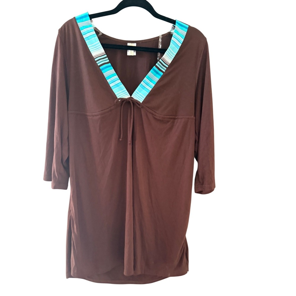 Tropical Honey Y2k  Brown V-Neck Tunic Top 3/4 Sl Striped Trim Size M Swim Cover